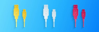 Kağıt kesiği USB mikro kablo simgesi mavi arkaplanda izole edildi. PC ve mobil cihazlar için bağlantı ve soketler. Akıllı telefon şarj kaynağı. Kağıt sanatı tarzı. Vektör.