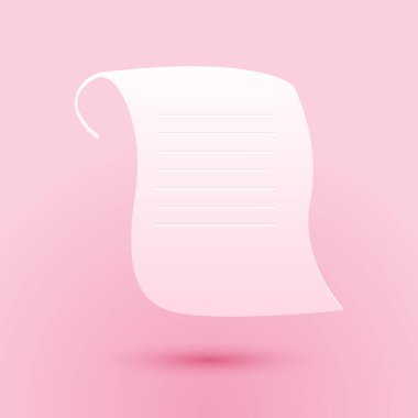 Kağıt kesiği kağıt kaydırma simgesi pembe arkaplanda izole edilmiş. Tuvalin parşömen yazısı. Kağıt sanatı tarzı. Vektör.