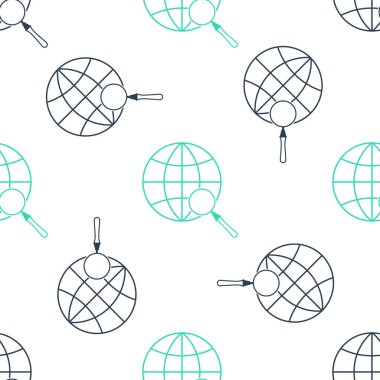 Küre simgesine sahip yeşil büyüteç beyaz arka planda izole edilmiş pürüzsüz desen. Dünyayı analiz ediyorum. Küresel arama işareti. Vektör.