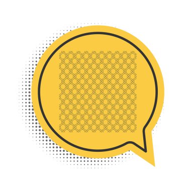 Siyah zincir şerit simgesi beyaz arkaplanda izole edildi. Metalik tel örgüsü deseni. Sarı konuşma balonu sembolü. Vektör.