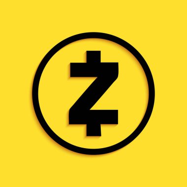 Sarı arka planda siyah kripto para Zcash ZEC simgesi izole edildi. Madeni para. Dijital para birimi. Engelleme zinciri tabanlı şifreli para birimi. Uzun gölge tarzı. Vektör.