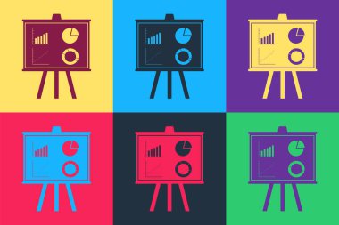 Grafik, grafik, diyagram, turta grafik ikonu ile renklendirilmiş Pop Art Sunum Finans Kurulu. Bilgi panosu işareti. Vektör.