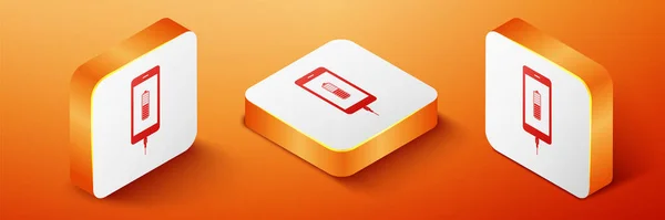 Ισομετρική Εικόνα Φόρτισης Μπαταρίας Smartphone Απομονώνεται Πορτοκαλί Φόντο Τηλέφωνο Χαμηλή — Διανυσματικό Αρχείο