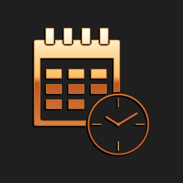 Calendario Oro Icono Del Reloj Aislado Sobre Fondo Negro Horario — Vector de stock