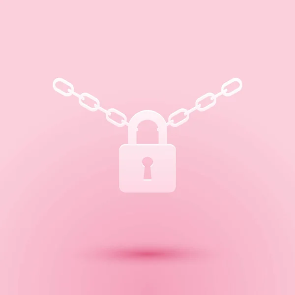Paper Cut Metal Chain Lock Icon Isolated Pink Background Padlock — Stock Vector