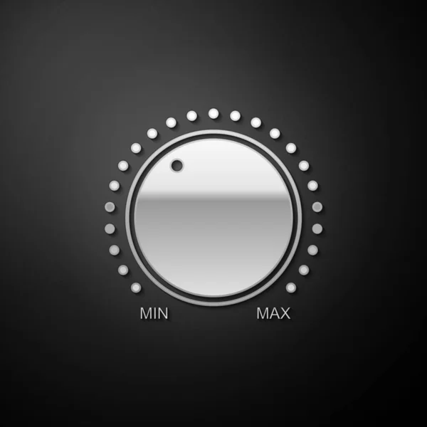 シルバー黒の背景に隔離されたダイヤルノブレベルの技術設定アイコン 音量ボタン サウンドコントロール スケール付きの音楽ノブ アナログレギュレーター 長い影のスタイル ベクトル — ストックベクタ
