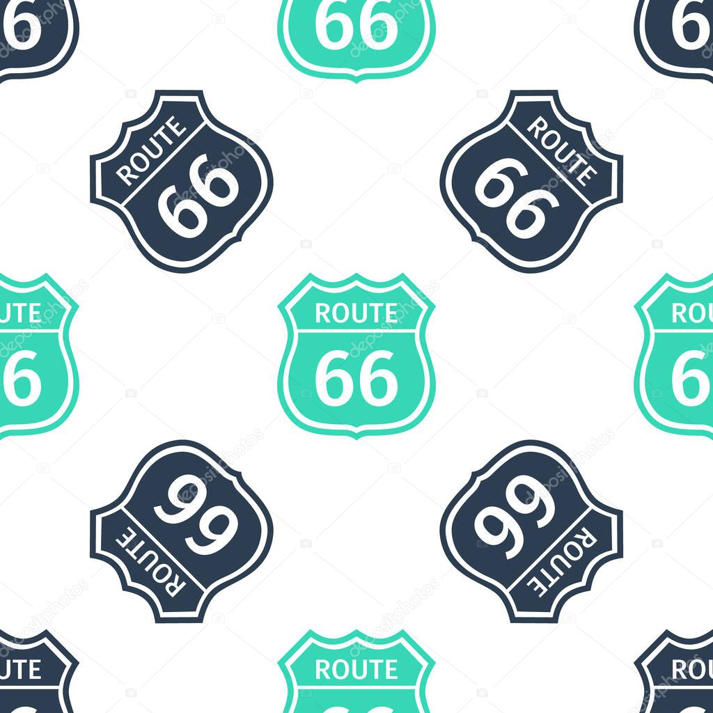 Green American road icon isolated seamless pattern on white background. Route sixty six road sign.  Vector.