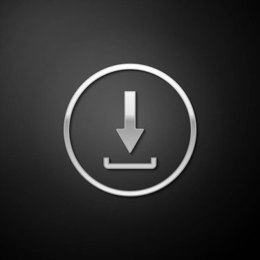 Gümüş İndirme simgesi siyah arkaplanda izole edildi. Gönderme düğmesi. Sembolü yükle. Ok uçtan uca. Uzun gölge tarzı. Vektör.