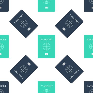 Biyometrik veri simgesine sahip yeşil pasaport beyaz arka planda izole edilmiş kusursuz desen. Kimlik Belgesi. Vektör.