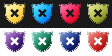 Siyah ve beyaz arkaplanda izole edilmiş Kalkan ve X işareti simgesini ayarla. Onaylanmamış işaret reddedildi. Koruma, güvenlik, güvenlik kavramı. Vektör.