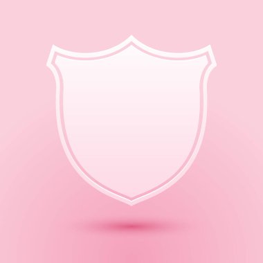 Kağıt kesiği, pembe arka planda izole edilmiş kalkan güvenlik simgesi. Koruma, güvenlik, güvenlik kavramı. Güvenlik duvarı gizlilik levhası. Kağıt sanatı tarzı. Vektör.