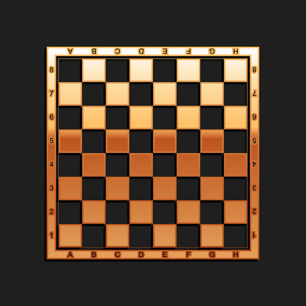 Gold Chess board icon isolated on black background. Ancient Intellectual board game. Long shadow style. Vector.