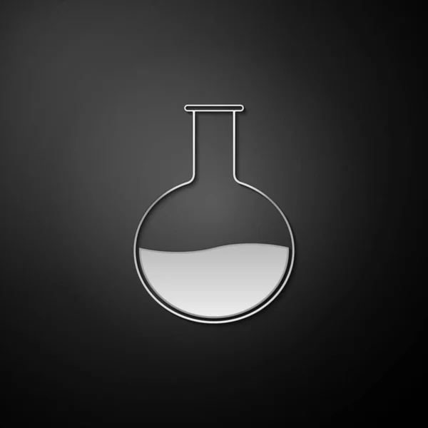 银试管和烧瓶化学实验室测试图标隔离在黑色背景上 实验室玻璃器皿标志 长影子风格 — 图库矢量图片