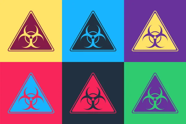 波普艺术三角形标志与生物危害符号图标隔离的色彩背景 — 图库矢量图片