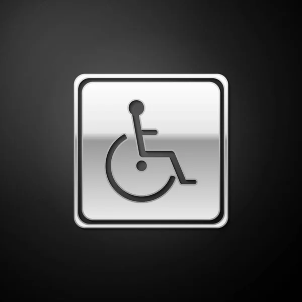 银色残疾人图标隔离在黑色背景 轮椅残疾标志 长影子风格 — 图库矢量图片