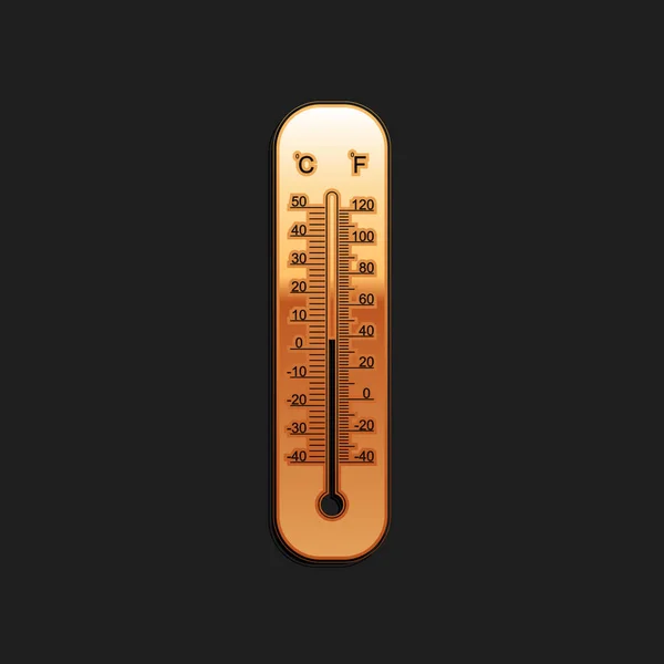 Gold Celsius Och Fahrenheit Meteorologi Termometrar Mäter Ikon Isolerad Svart — Stock vektor