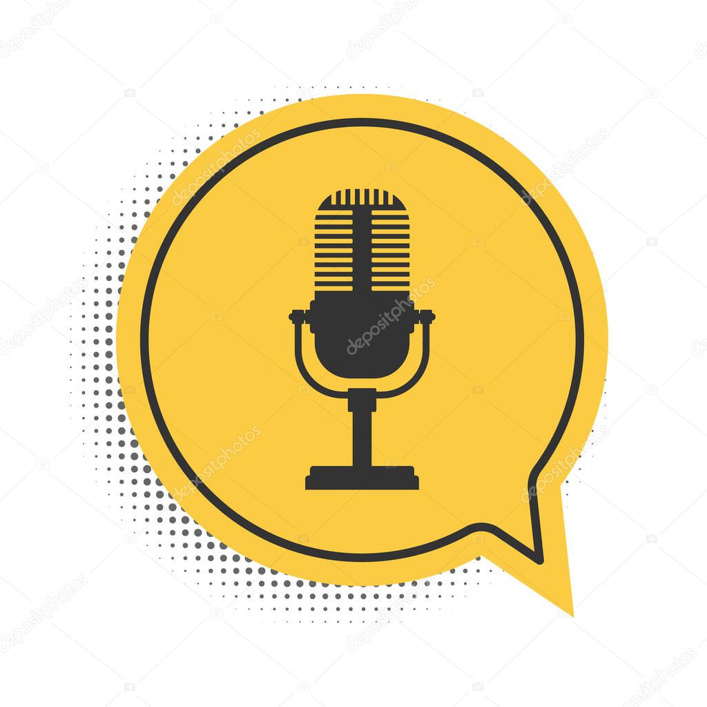 Black Microphone icon isolated on white background. On air radio mic microphone. Speaker sign. Yellow speech bubble symbol. Vector.