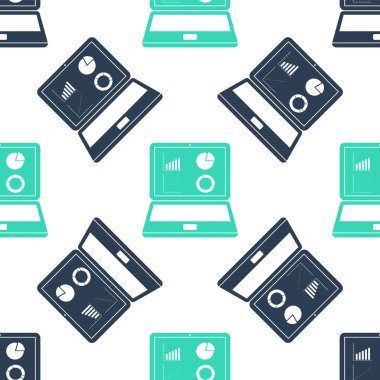 Grafik çizelgesi simgesine sahip yeşil dizüstü bilgisayar beyaz arkaplanda izole edilmiş. Metin dosya simgesini rapor et. Muhasebe tabelası. Denetim, analiz, planlama. Vektör.