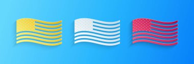 Kağıt kesiği, mavi arka planda izole edilmiş Amerikan bayrağı simgesi. ABD bayrağı. Kağıt sanatı tarzı. Vektör.