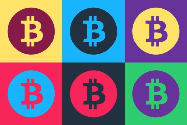 Pop Art Cryptocoin para simgesi Bitcoin renk arkaplan izole. Madeni para. Dijital para birimi. Engelleme zinciri tabanlı şifreli para birimi. Vektör.