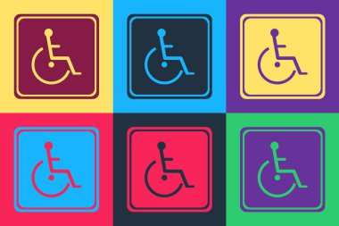 Pop Art engelli simgesi renk arkaplanında izole edildi. Tekerlekli sandalye engelli işareti. Vektör.