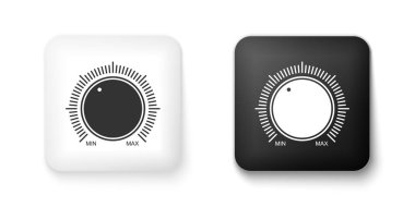 Siyah-beyaz düğme seviyesindeki teknoloji ayarları beyaz arkaplanda izole edilmiş. Ses tuşu, ses kontrolü, ölçekli müzik düğmesi, analog regülatör. Kare düğmesi. Vektör.