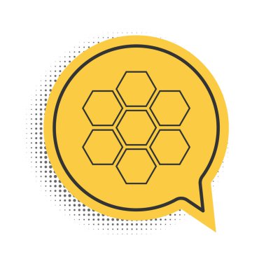 Beyaz arkaplanda siyah bal peteği simgesi izole edildi. Bal hücrelerinin sembolü. Tatlı doğal yemek. Sarı konuşma balonu sembolü. Vektör.