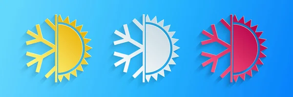 Вырезанная Бумага Горячий Холодный Символ Иконка Солнца Снежинки Выделены Синем — стоковый вектор
