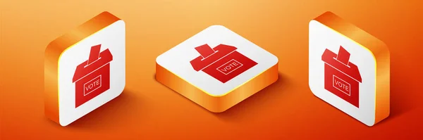 アイソメトリック投票ボックスまたは投票ボックスには オレンジの背景に囲まれた封筒アイコンがあります オレンジの四角形のボタン ベクトル — ストックベクタ