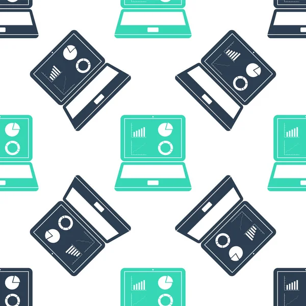 Grafik çizelgesi simgesine sahip yeşil dizüstü bilgisayar beyaz arkaplanda izole edilmiş. Metin dosya simgesini rapor et. Muhasebe tabelası. Denetim, analiz, planlama. Vektör.