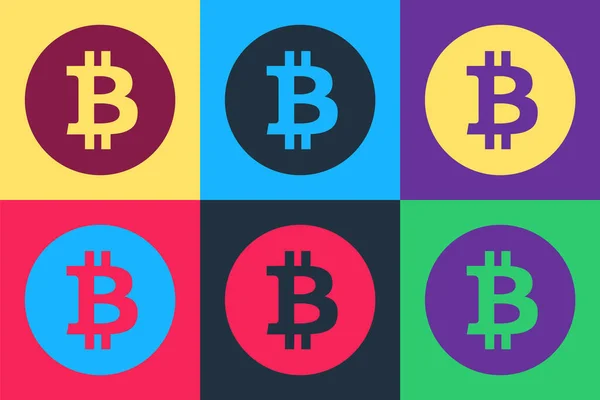 Pop Art Kryptowährungsmünze Bitcoin Symbol Isoliert Auf Farbigem Hintergrund Physische — Stockvektor