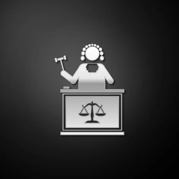 Silver Judge Gavel Table Icon Isolated Black Background Long Shadow — Stock Vector