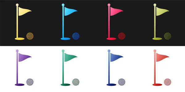 Set Golfbal Gat Met Vlag Pictogram Geïsoleerd Zwart Wit Achtergrond — Stockvector