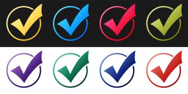 Siyah ve beyaz arkaplanda izole edilmiş yuvarlak simge işaretini işaretle. Kontrol listesi düğmesi işareti. Vektör.