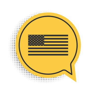 Beyaz arka planda siyah Amerikan bayrağı ikonu izole edildi. ABD bayrağı. Sarı konuşma balonu sembolü. Vektör.