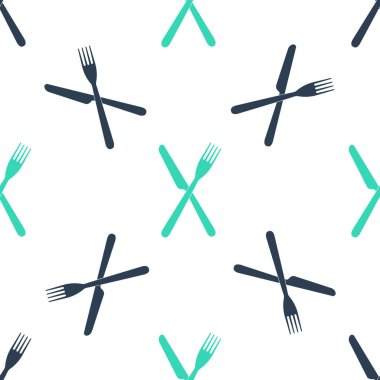 Yeşil haçlı çatal ve bıçak ikonu beyaz arka planda izole edilmiş pürüzsüz desen. Restoran ikonu. Vektör.