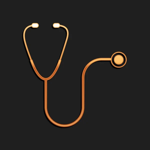 Gouden Stethoscoop Medisch Instrument Pictogram Geïsoleerd Zwarte Achtergrond Lange Schaduw — Stockvector