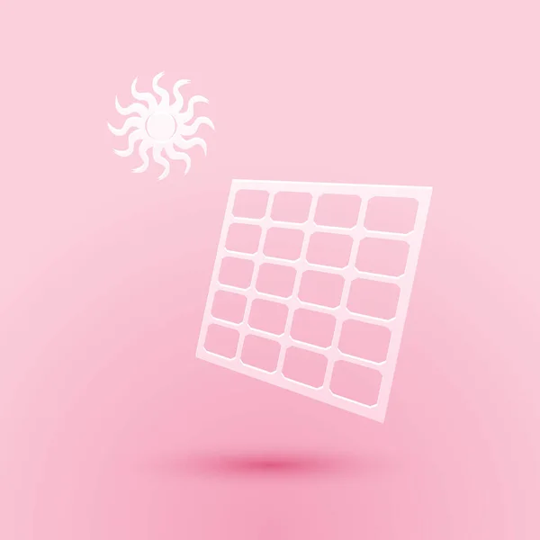 纸切割太阳能面板和太阳图标隔离在粉红色的背景 造纸艺术风格 — 图库矢量图片