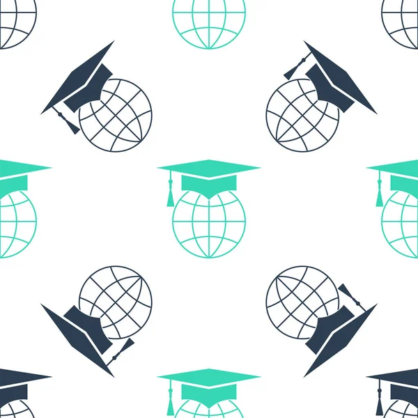 Green Graduation Cap Globe Icoon Geïsoleerd Naadloos Patroon Witte Achtergrond — Stockvector