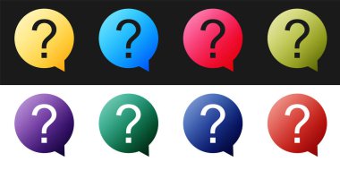 Soru işaretini siyah ve beyaz arkaplanda izole edilmiş daire simgesine ayarla. Tehlike uyarısı sembolü. Yardım sembolü. SSS işareti. Vektör.