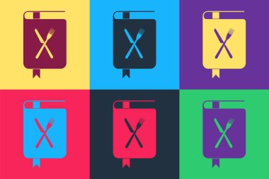 Pop art yemek kitabı simgesi renk arkaplanında izole edilmiş. Yemek kitabı ikonu. Yemek tarifi kitabı. Çatal ve bıçak ikonları. Çatal bıçak sembolü. Restoran sembolü. Vektör.