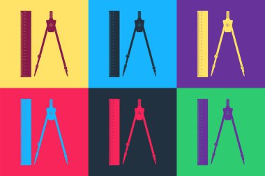 Pop sanat cetveli ve renk arkaplanında izole edilmiş pusula simgesi çizimi. Profesyonel enstrüman çiziyorum. Geometrik ekipman. Eğitim işareti. Vektör.