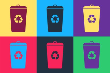 Renk arkaplanında izole edilmiş geri dönüşüm sembolü olan Pop Art Geri Dönüşüm kutusu. Çöp kutusu simgesi. Çöp kutusu tabelası. Geri dönüşüm sepeti işareti. Vektör.