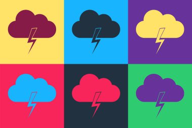 Pop Art Storm simgesi renk arkaplanında izole edildi. Bulut ve şimşek işareti. Fırtınanın hava durumu ikonu. Vektör.