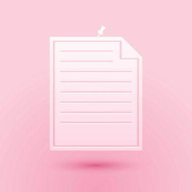 Kağıt kesiği Not kağıdı. Pembe zemin üzerinde iğnelenmiş düğme simgesi var. Not kağıdı tabelası. Kağıt sanatı tarzı. Vektör.