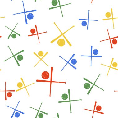 Renkli çapraz beyzbol sopaları ve top ikonu beyaz arka planda izole edilmiş pürüzsüz desen. Vektör.