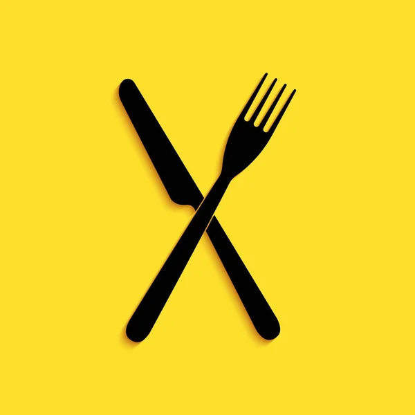 Czarny Skrzyżowany Widelec Ikona Noża Izolowane Żółtym Tle Ikona Restauracji — Wektor stockowy