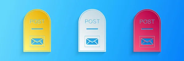 Papírvágású Postaláda Ikon Postaláda Ikon Elszigetelt Kék Háttérrel Papírművészeti Stílus — Stock Vector