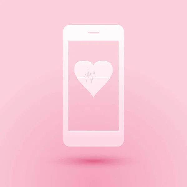 Χαρτί Κοπεί Smartphone Εικονίδιο Λειτουργία Παρακολούθησης Καρδιακού Ρυθμού Απομονώνονται Ροζ — Διανυσματικό Αρχείο