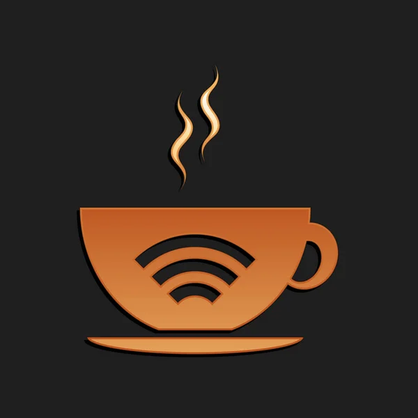 黒の背景に隔離された無料のWifiゾーンアイコン付きのコーヒーショップのゴールドカップ インターネット接続プラカード 長い影のスタイル ベクトル — ストックベクタ